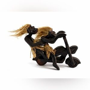 Hand Carved Tribal Biker Couple on Motorcycle Tribal Sculpture Indonesia